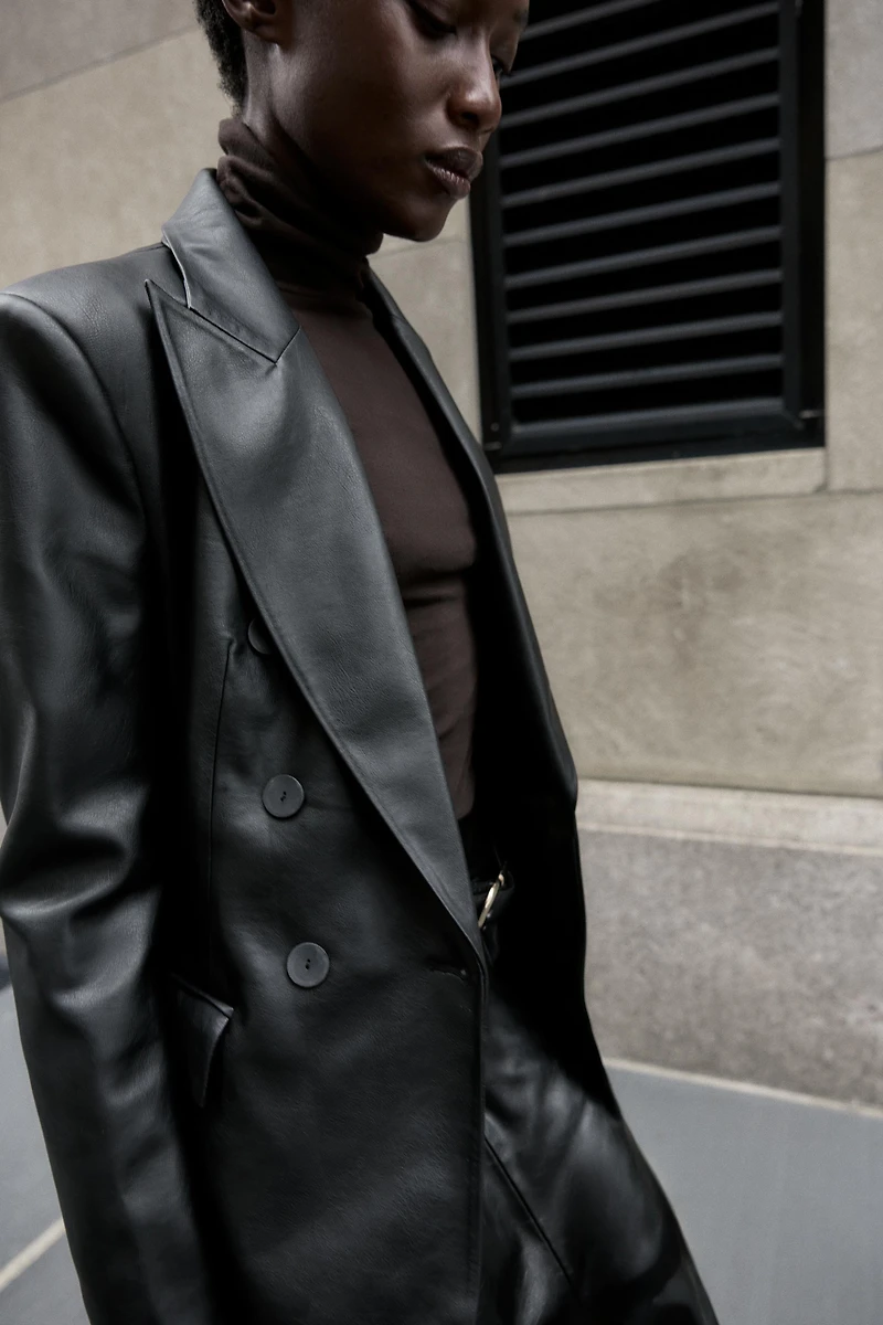 FAUX LEATHER DOUBLE BREASTED BLAZER