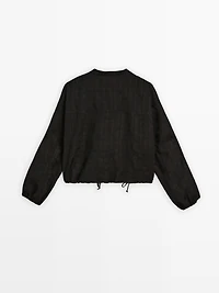 Linen blend check bomber jacket