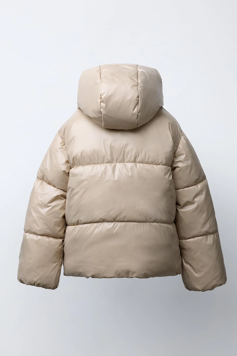 SHINY HOODED PUFFER JACKET WITH FAUX FUR LINING
