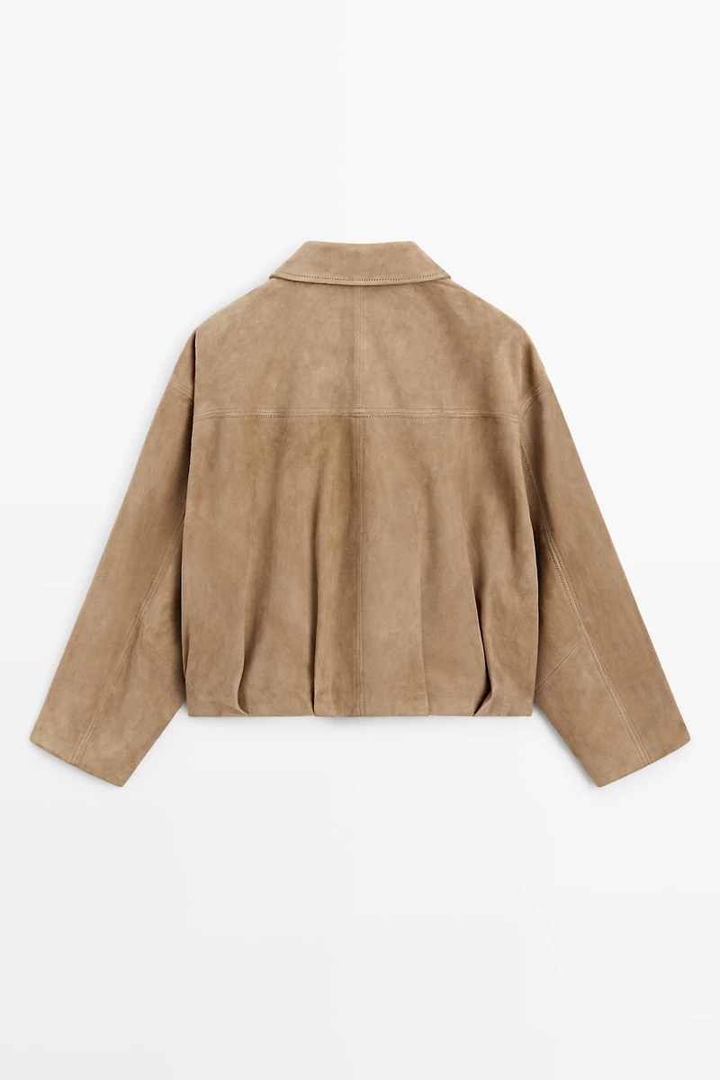 Pleated suede leather bomber jacket