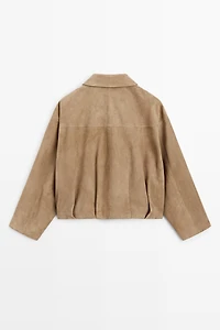Pleated suede leather bomber jacket