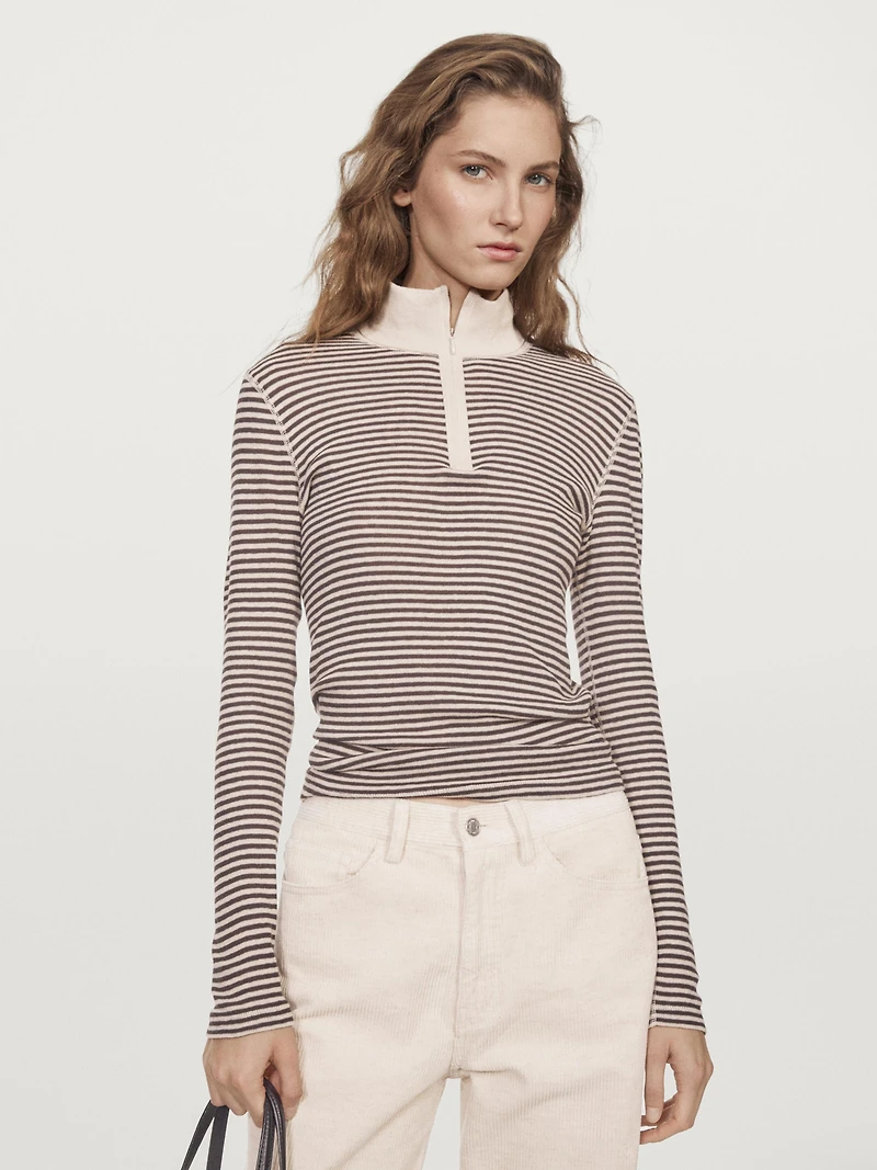 Striped fine knit quarter-zip sweater