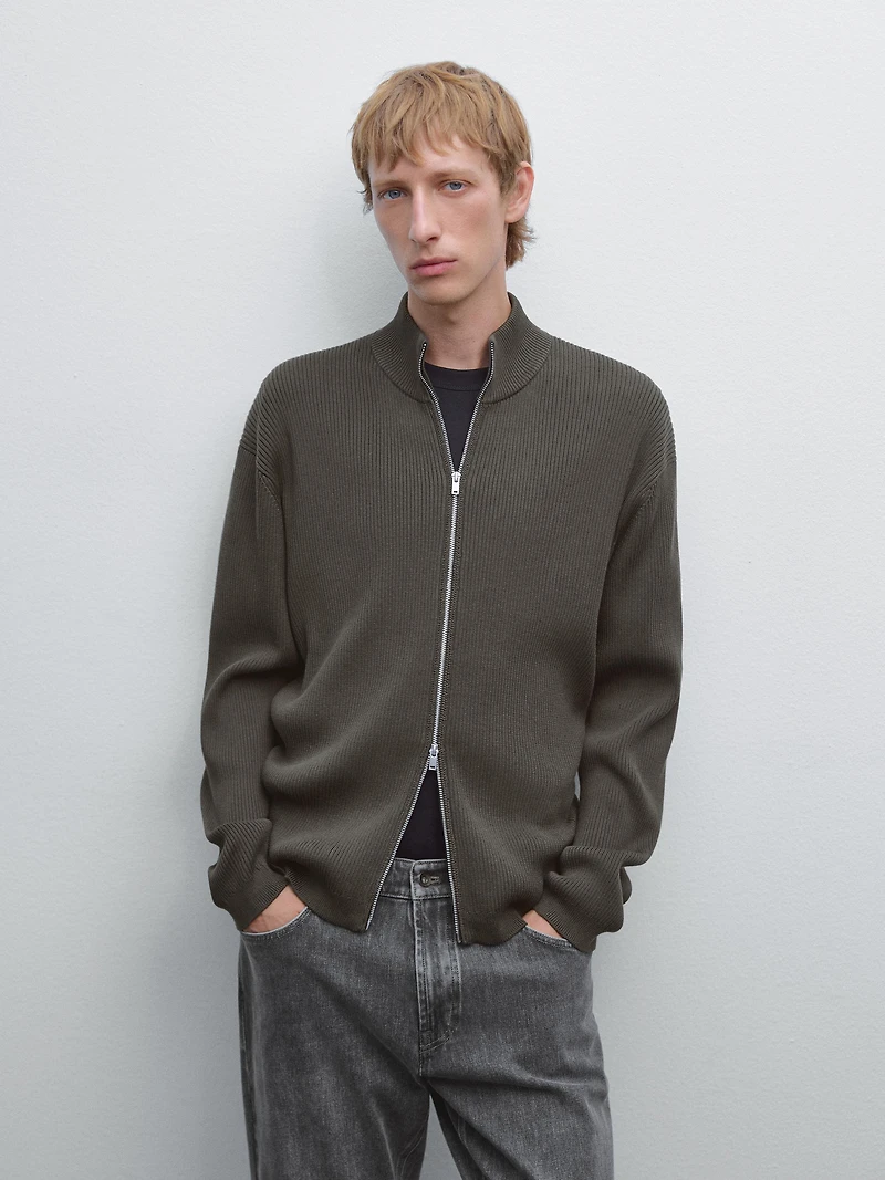 Cotton zip-up knit cardigan