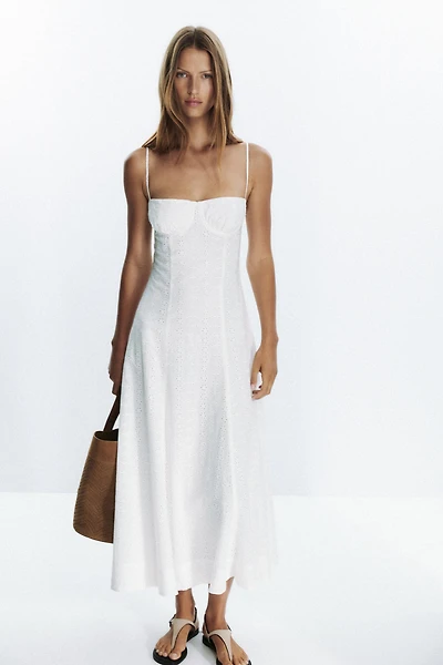 EMBROIDERED EYELET CORSET MIDI DRESS