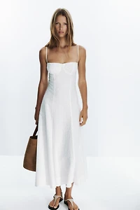 EMBROIDERED EYELET CORSET MIDI DRESS