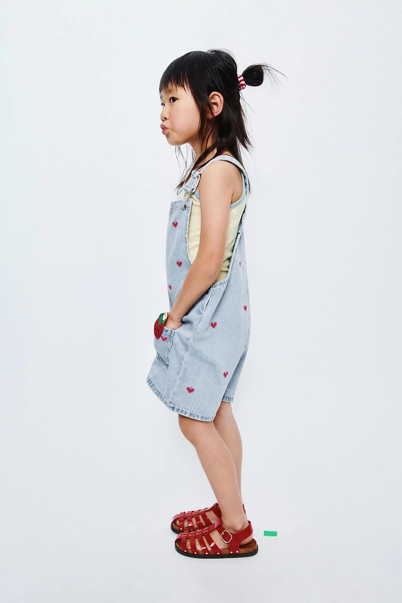HEART EMBROIDERED DENIM OVERALLS