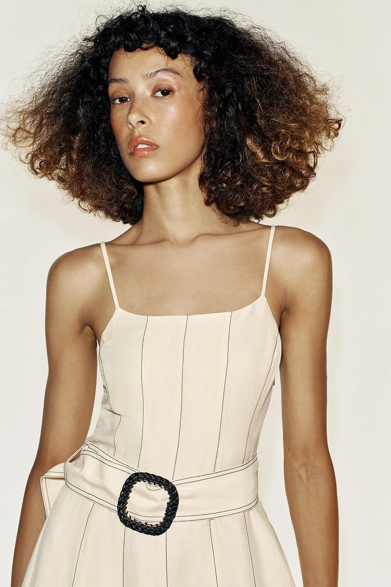 LINEN MIDI DRESS WITH CONTRAST STITCHING AND BELT