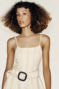 LINEN MIDI DRESS WITH CONTRAST STITCHING AND BELT