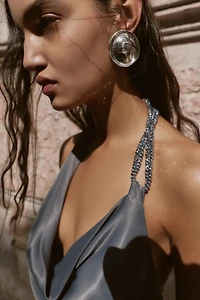 ASYMMETRICAL BEADED SATIN MIDI DRESS