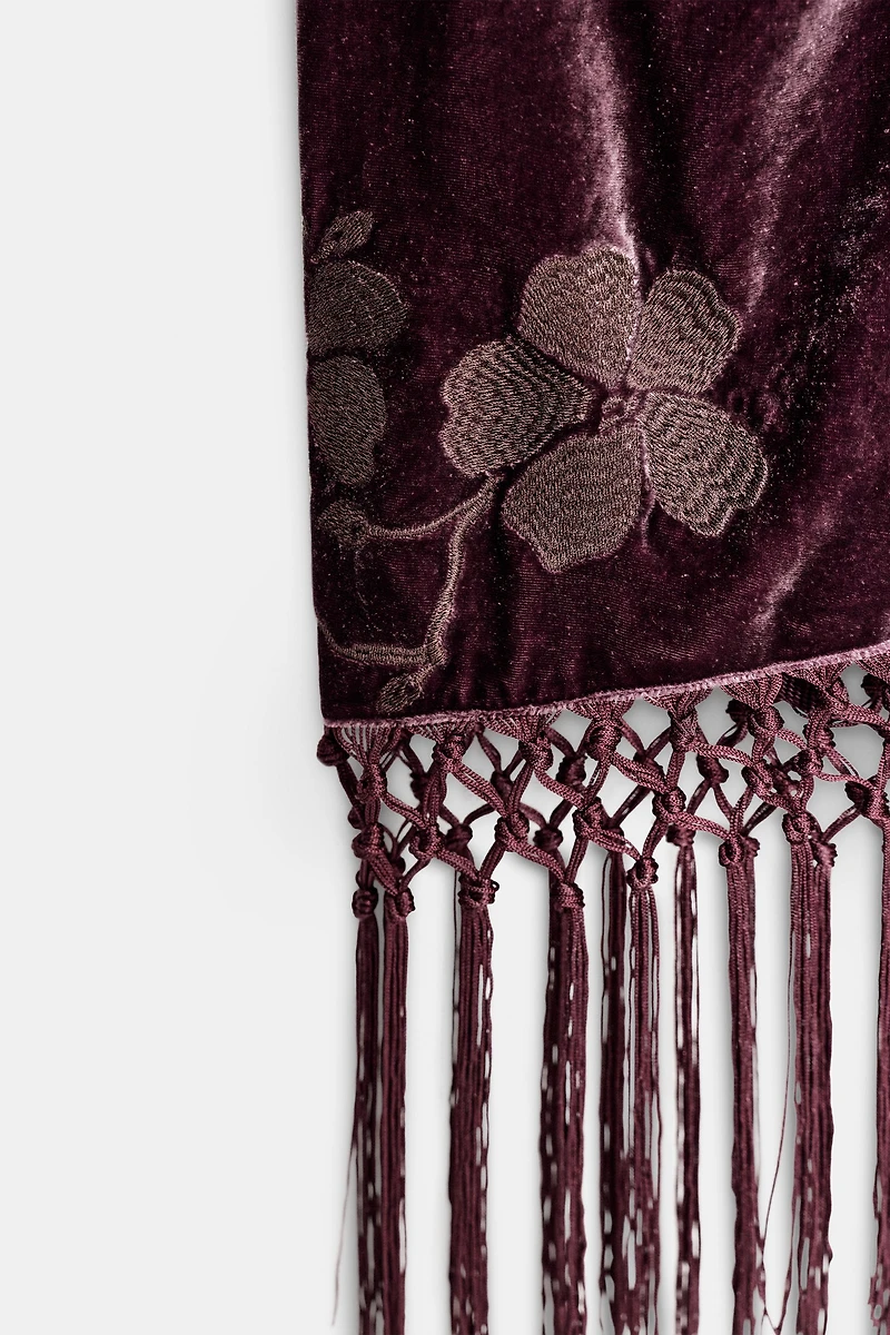 VELVET WRAP SKIRT WITH FLORAL EMBROIDERY