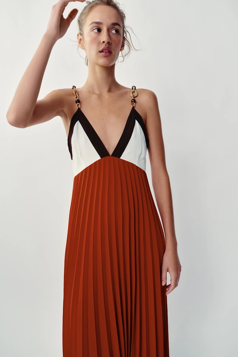 BEADED PLEATED MIDI DRESS