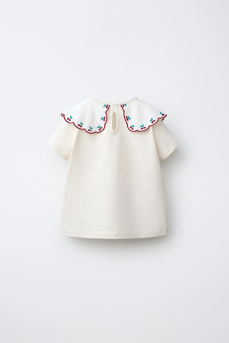 EMBROIDERED CONTRAST COLLAR TOP