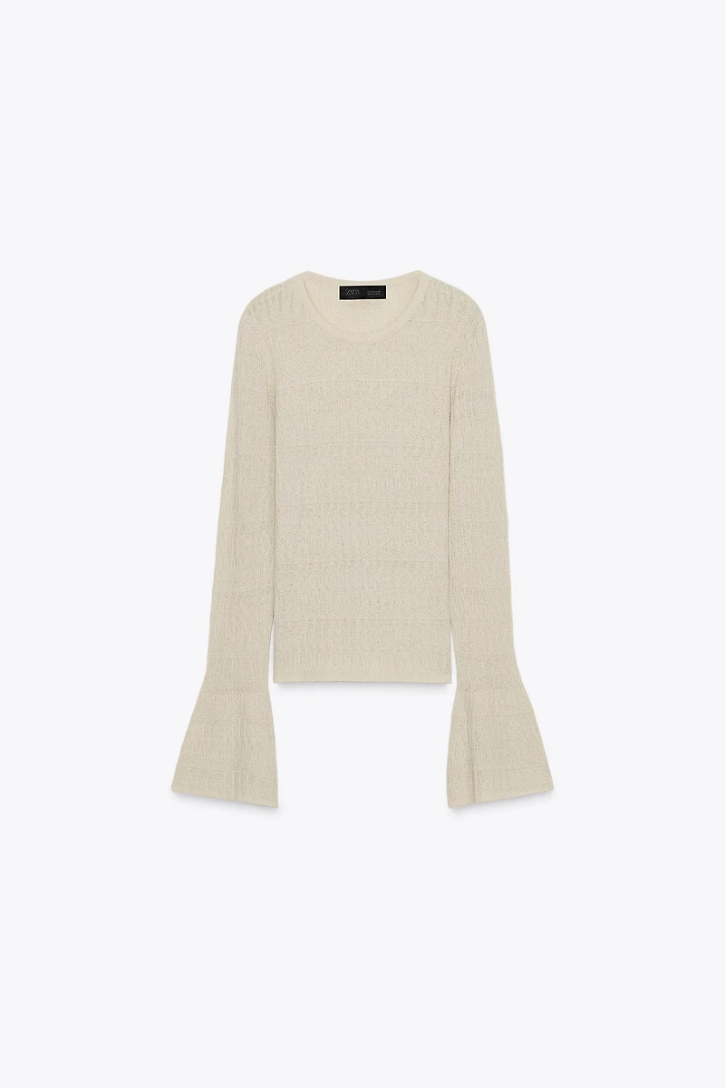 BELL SLEEVE POINTELLE KNIT SWEATER