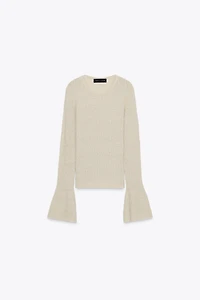 BELL SLEEVE POINTELLE KNIT SWEATER