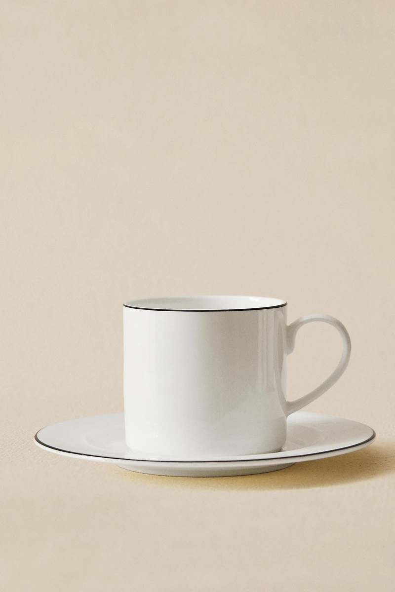 BONE CHINA TEACUP AND SAUCER WITH BLACK RIM