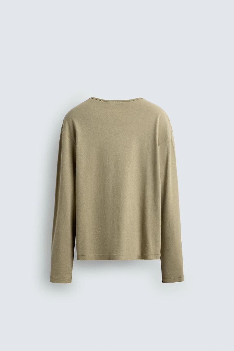 COTTON LINEN BLEND HENLEY T-SHIRT