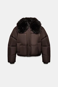 FAUX FUR LAPEL QUILTED BOMBER JACKET