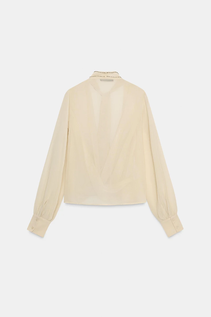 BEADED GEORGETTE SCARF SHIRT