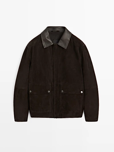 Suede leather jacket with collar detail