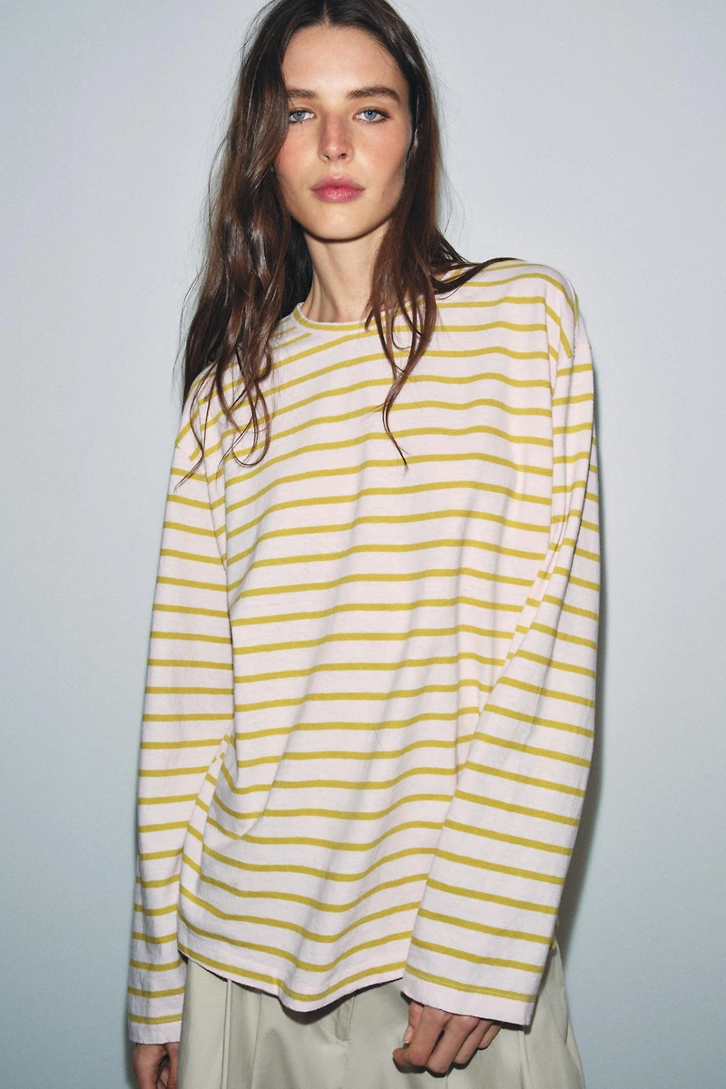 T-SHIRT EN COTON ET LIN À RAYURES