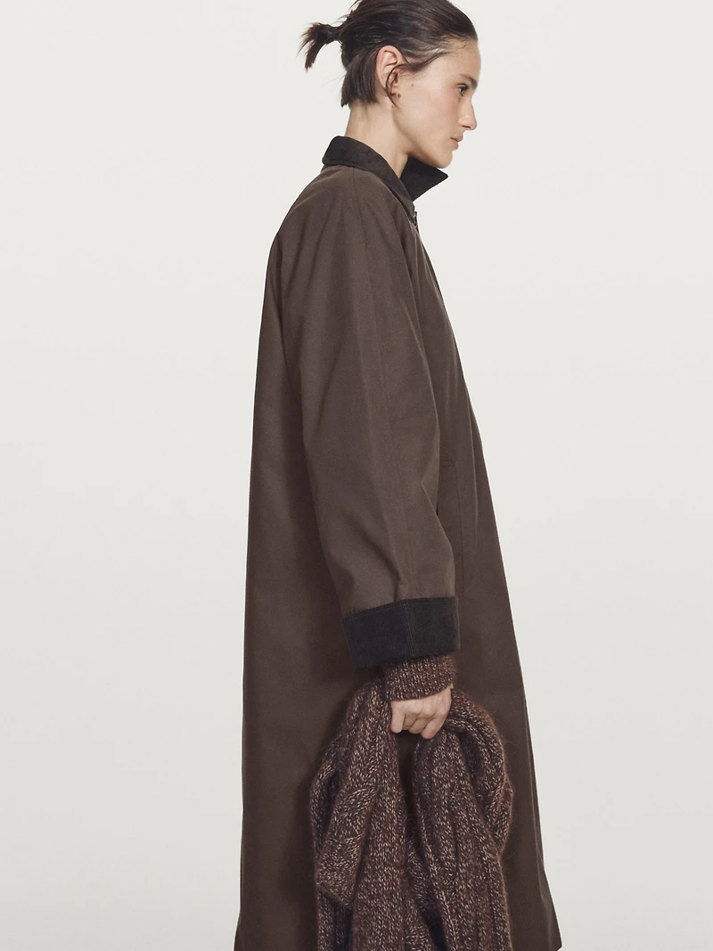 Long waxed parka with corduroy detail