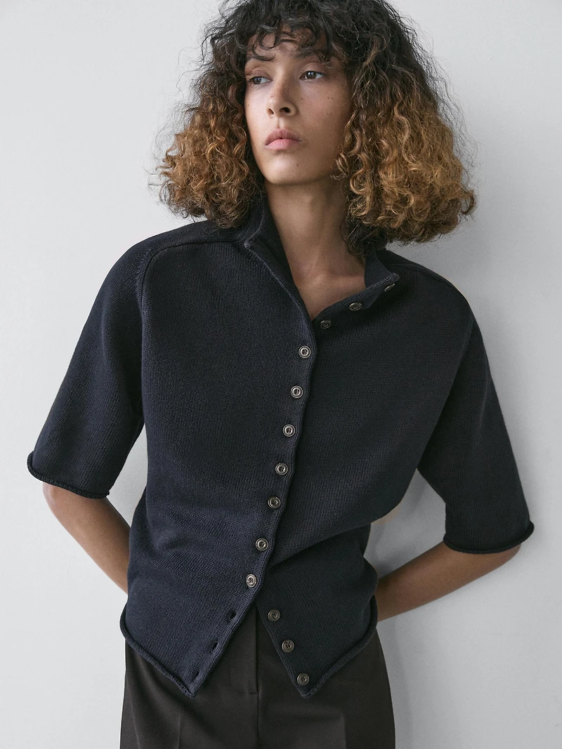 Knit cardigan with elbow-length sleeves