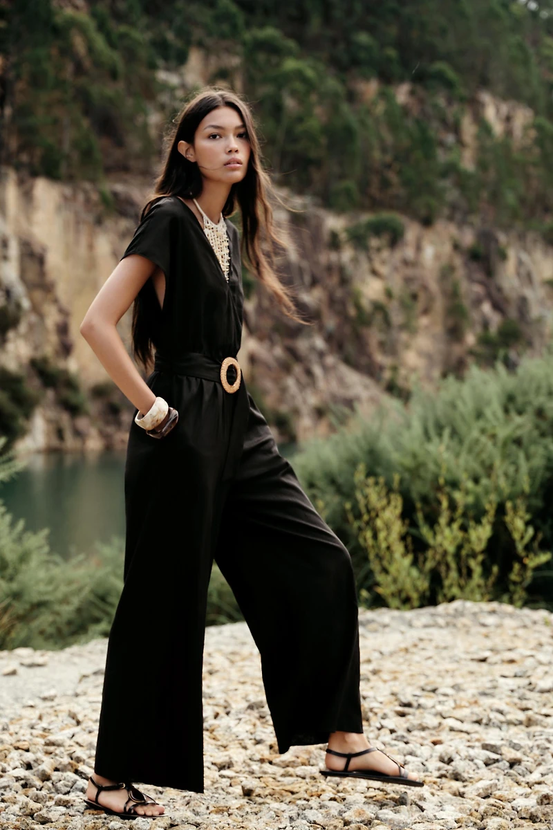 LINEN BELTED LONG JUMPSUIT
