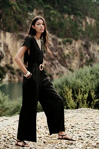 LINEN BELTED LONG JUMPSUIT
