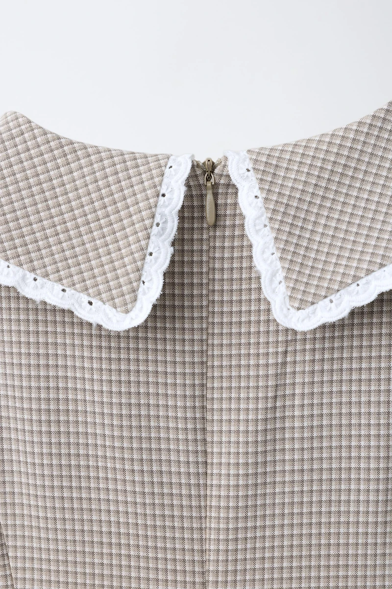 PLAID RUFFLED LACE TRIM DRESS