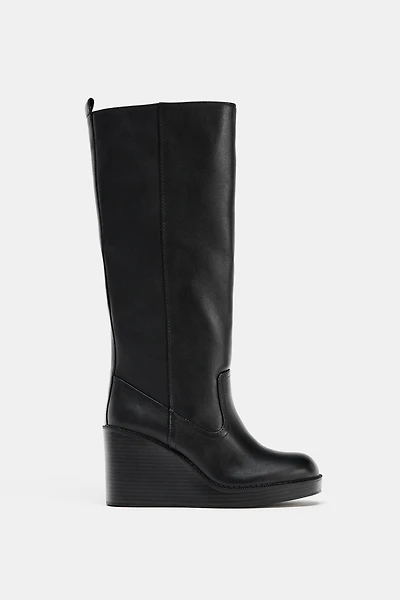 LEATHER WEDGE HEEL WATER REPELLENT BOOTS
