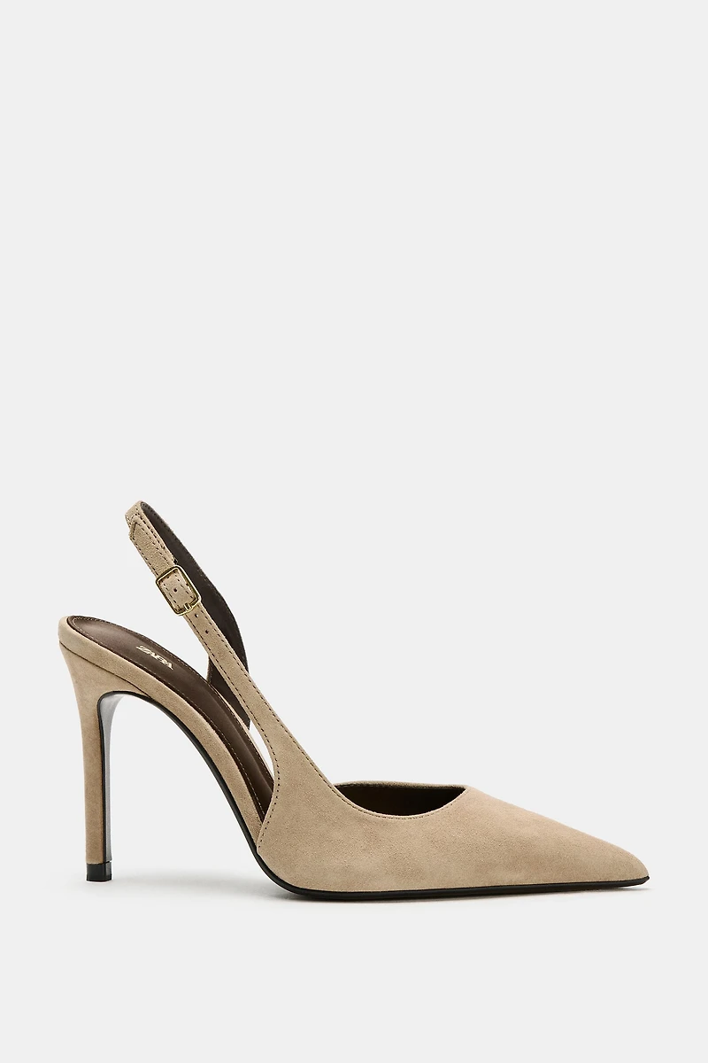ASYMMETRIC SUEDE SLINGBACK HEELS