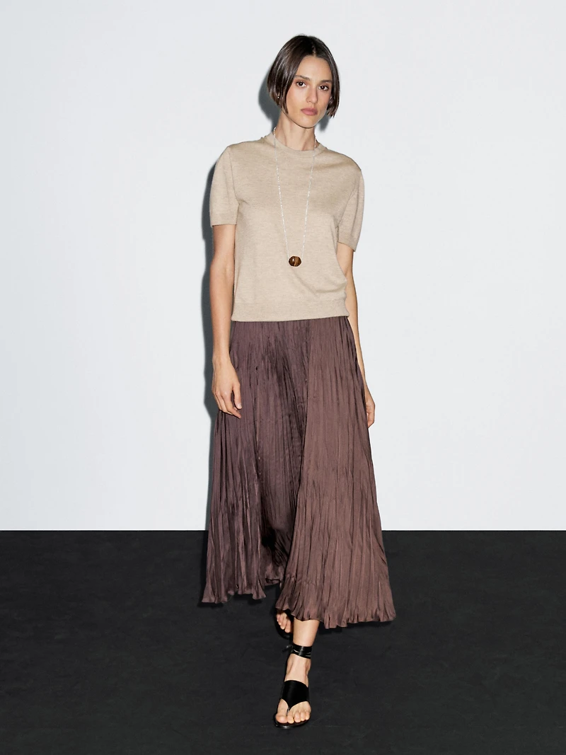 Short-sleeve wool blend knit sweater