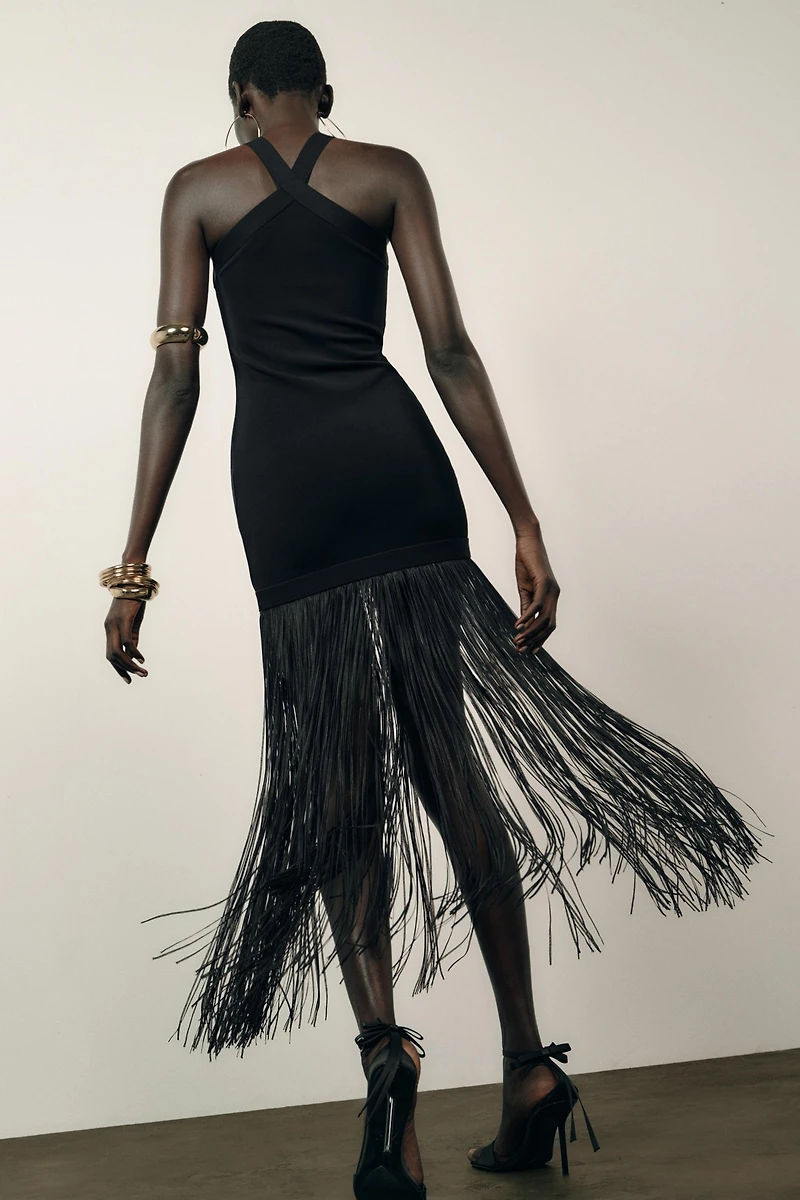 LONG STRETCH FRINGE DRESS