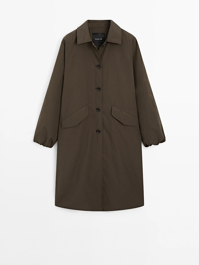 Water-repellent technical fabric trench coat with button detail