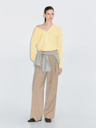 Wool blend deep V-neck knit sweater