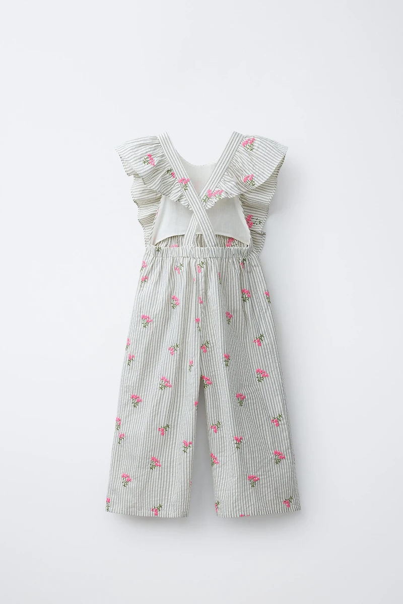 LONG EMBROIDERED FLORAL STRIPED JUMPSUIT