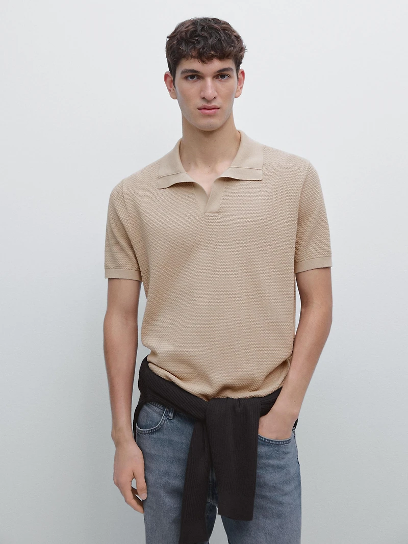 Textured knit V-neck polo shirt