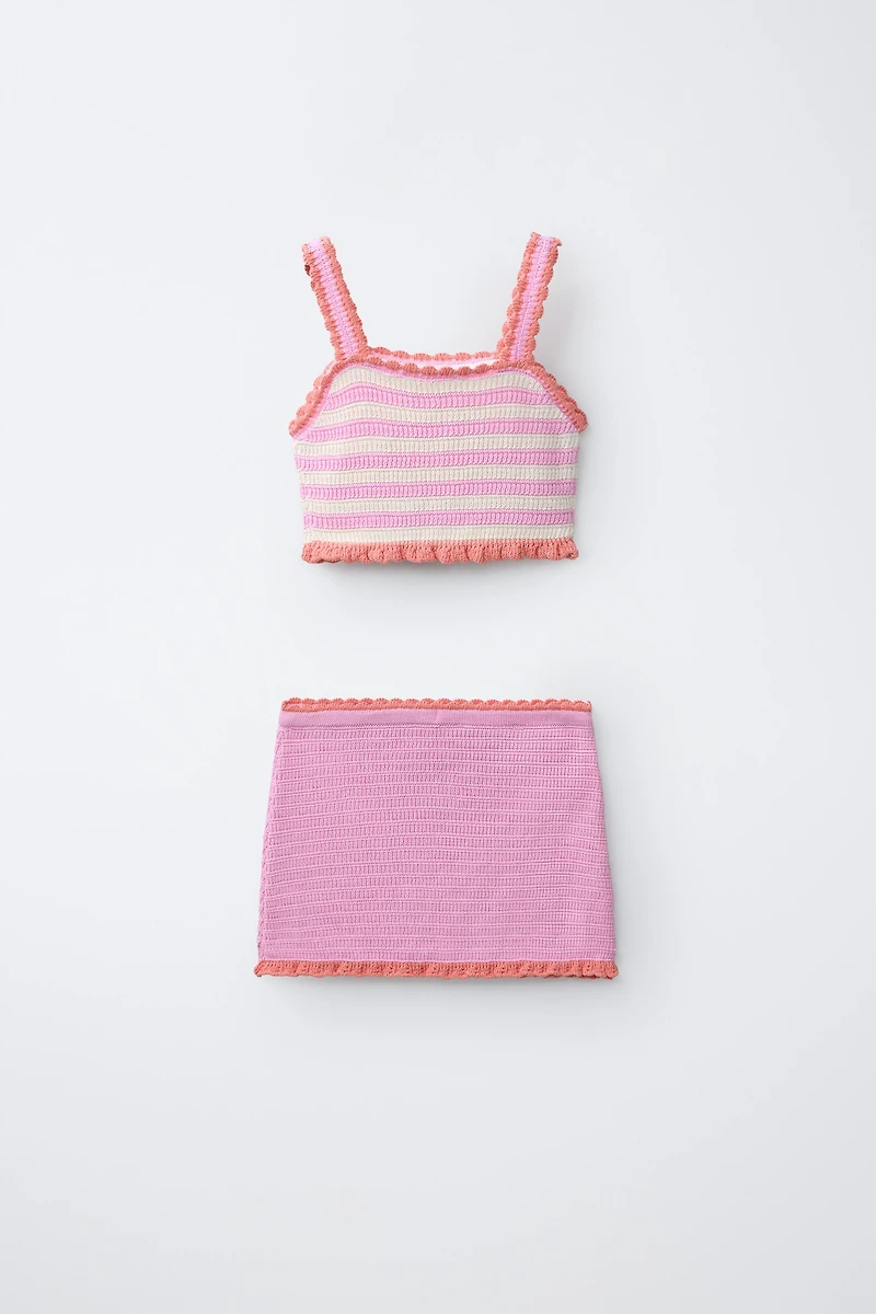 ENSEMBLE TOP ET PAREO EN MAILLE CROCHET FRUITS RAYURES