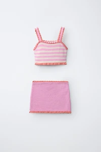 ENSEMBLE TOP ET PAREO EN MAILLE CROCHET FRUITS RAYURES