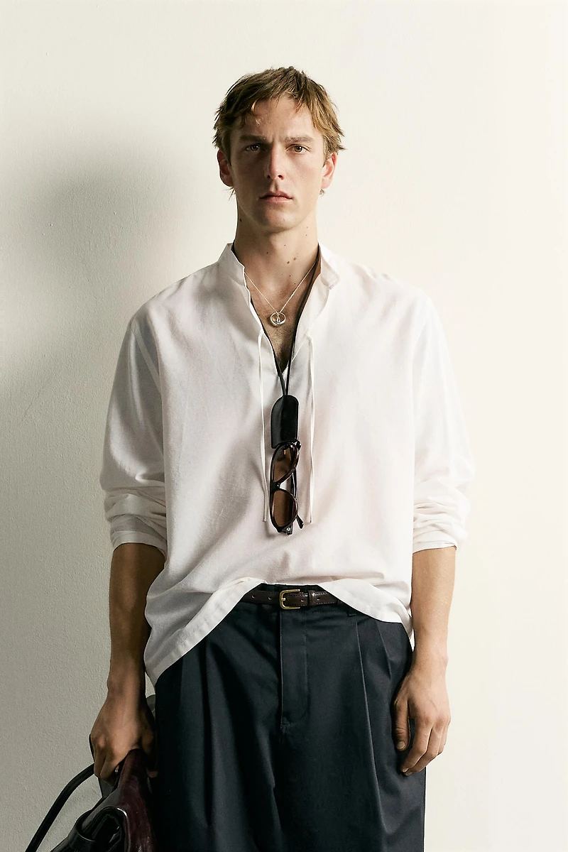 COTTON VISCOSE TIE DETAIL RELAXED FIT SHIRT