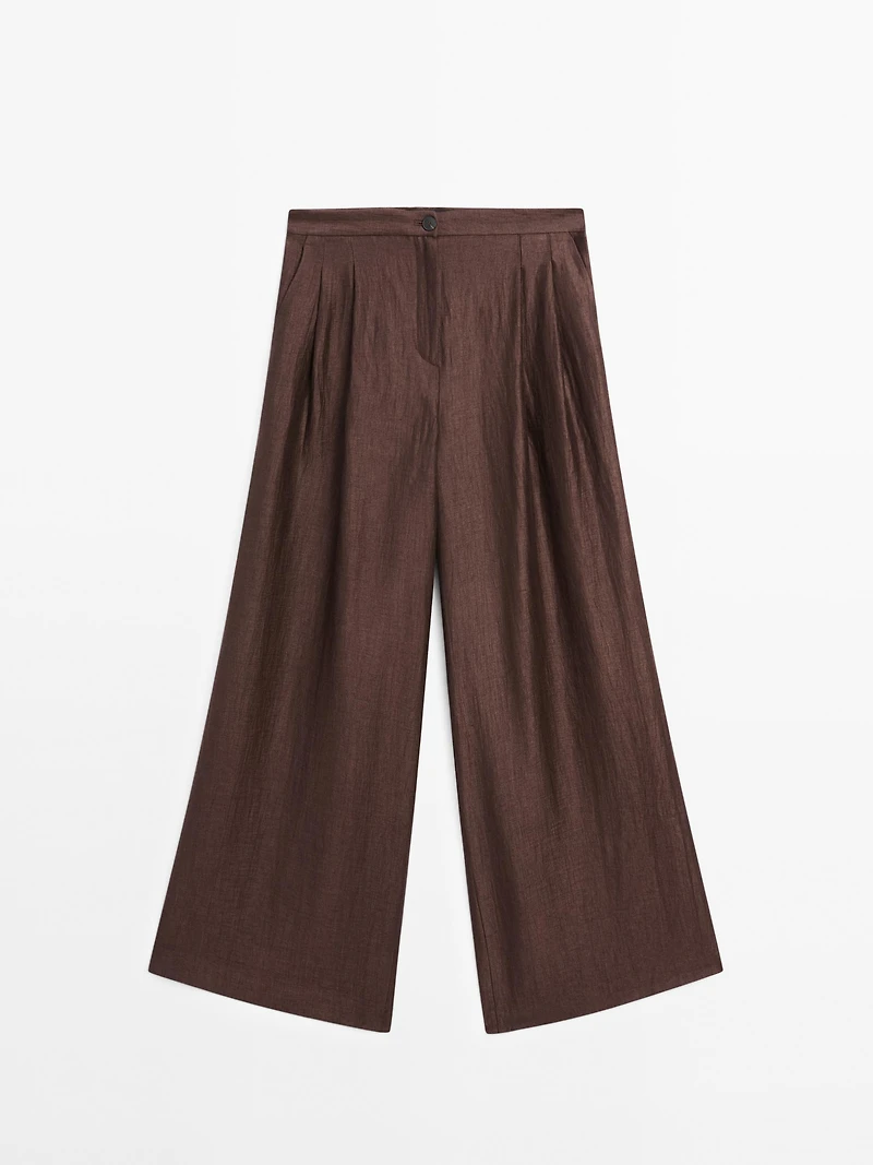 Wide-leg mid-rise crinkle trousers