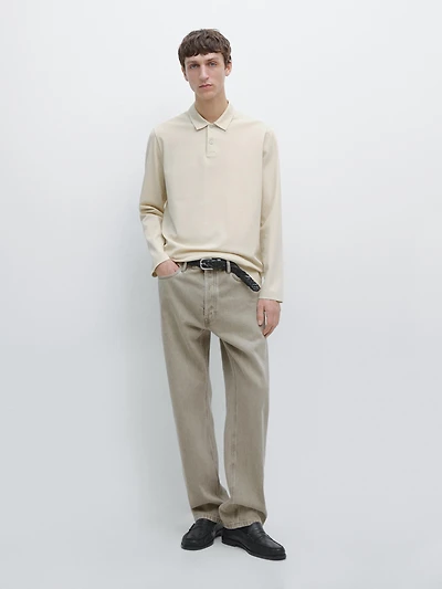 Long sleeve mercerised cotton piqué polo shirt
