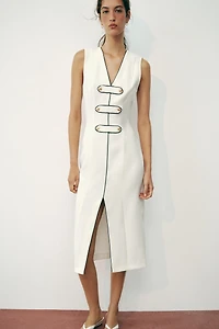 CONTRAST TRIM FROG FASTENING MIDI DRESS