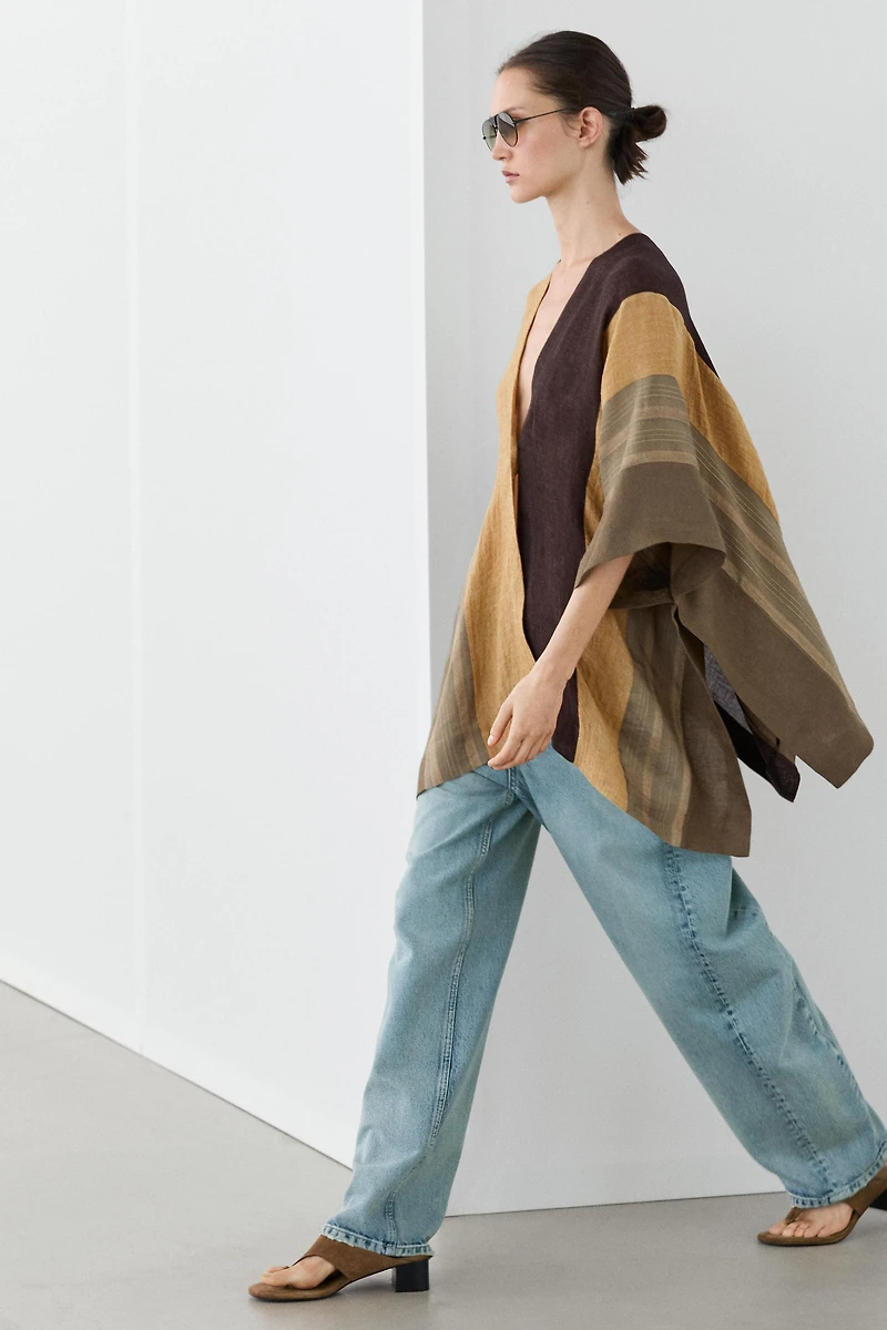 Flowing striped linen blend cape