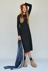 LONG RIBBED DRESS WITH RHINESTONE TEXT