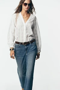 DOTTED MESH LACE TRIM BLOUSE