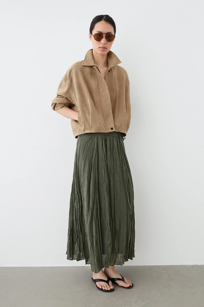 Pleated suede leather bomber jacket