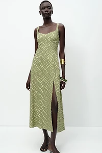 LINEN BLEND POLKA DOT MIDI DRESS