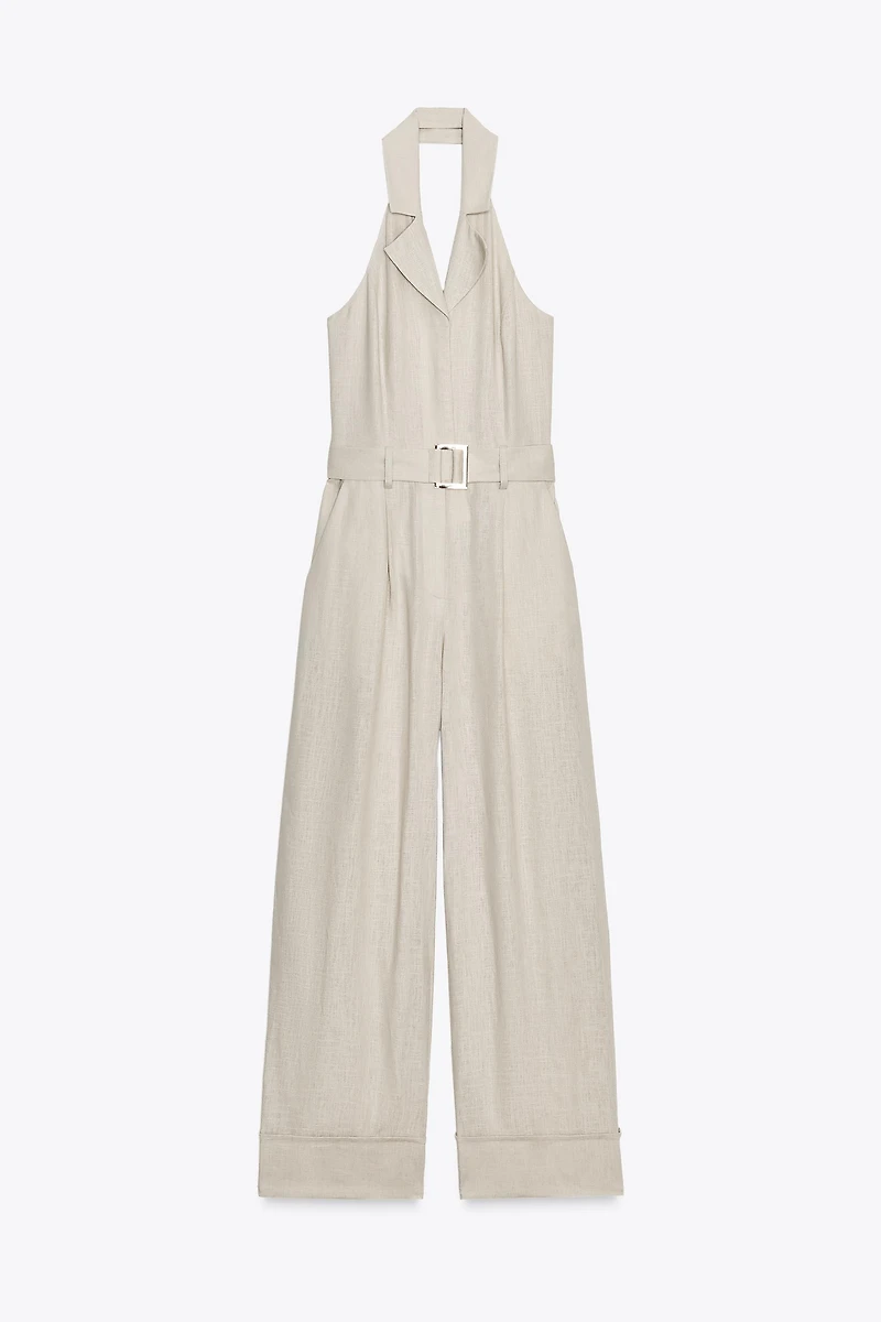HALTER LINEN BELTED JUMPSUIT