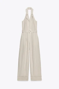 HALTER LINEN BELTED JUMPSUIT